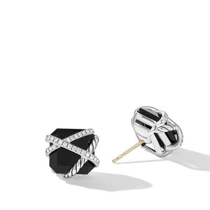Cable Wrap Stud Earrings in Sterling Silver with Black Onyx and Diamonds, 12mm