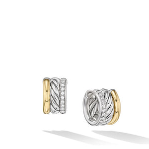 DY Mercer Huggie Hoop Earrings in Sterling Silver with 18K Yellow Gold and Pavé Diamonds