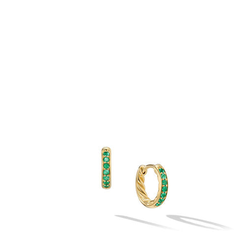 Petite Pavé Huggie Hoop Earrings in 18K Yellow Gold with Emeralds, 12mm