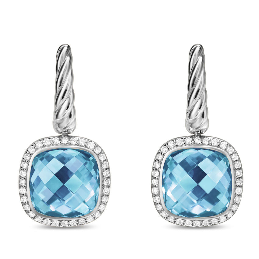 Albion Drop Earrings in Sterling Silver with Blue Topaz and Diamonds, 10mm