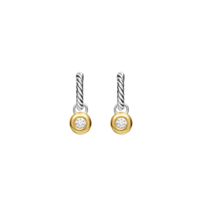 Petite Cable Huggie Drop Earrings in Sterling Silver with 14K Yellow Gold and Center Diamond, 17.5mm