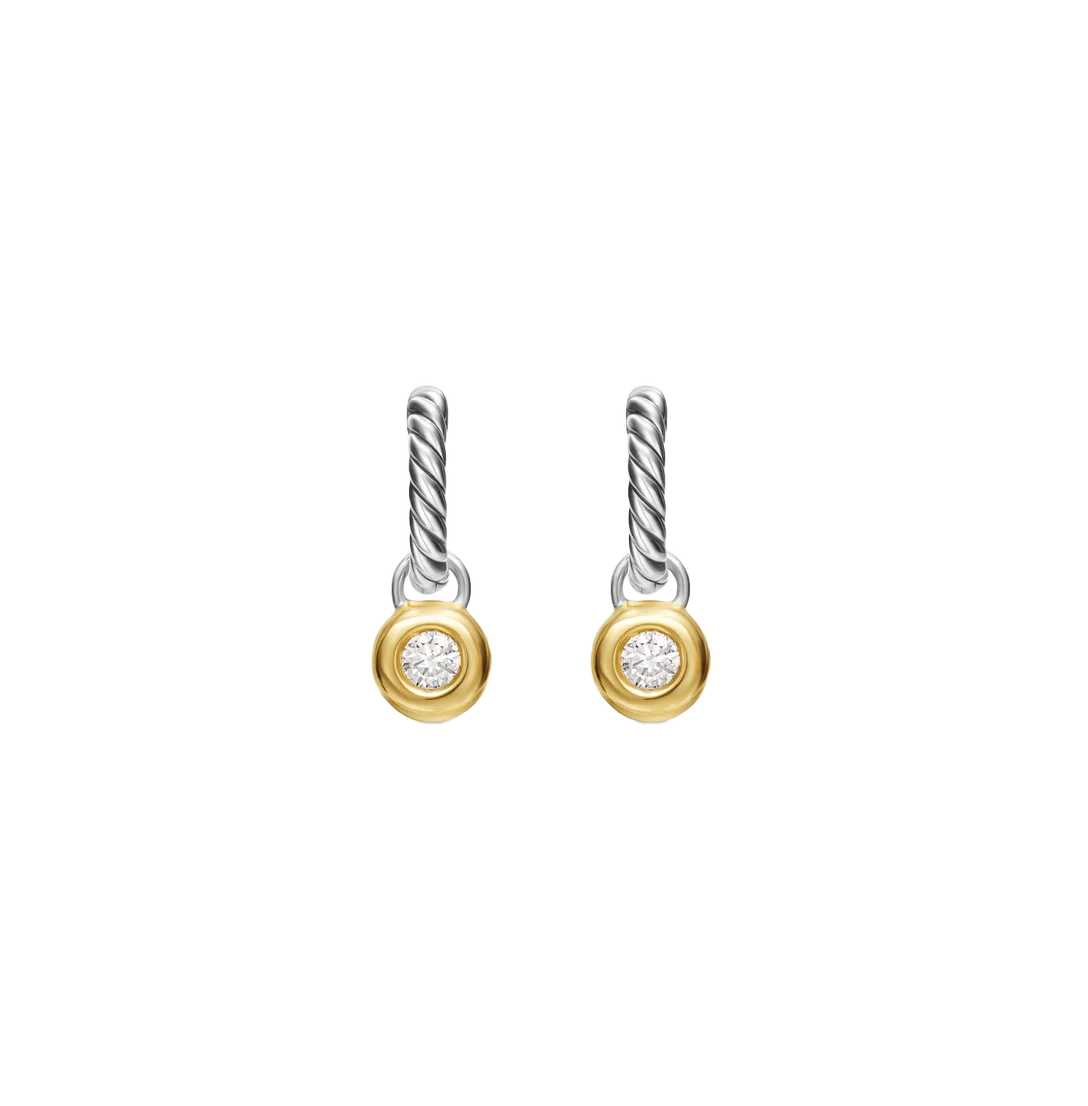 Petite Cable Huggie Drop Earrings in Sterling Silver with 14K Yellow Gold and Center Diamond, 17.5mm