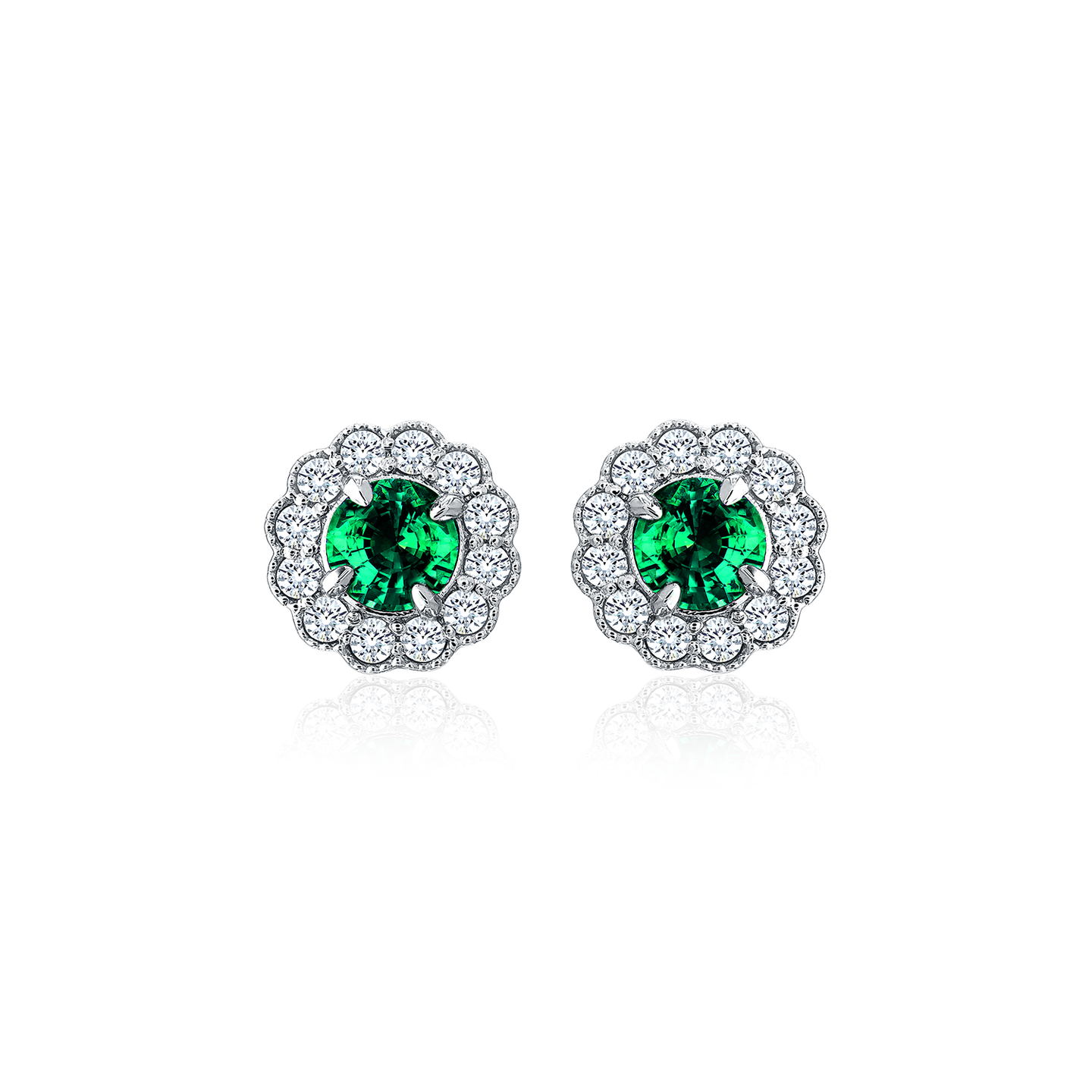 Sabel Collection White Gold Round Emerald and Diamond Milgrain Halo Stud Earrings