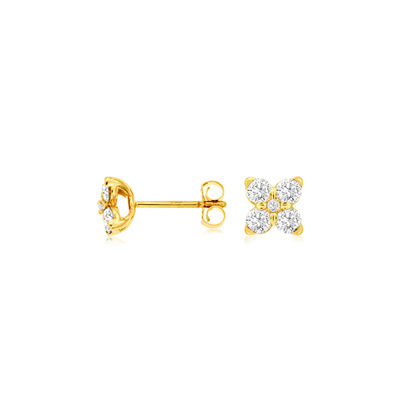 Sabel Collection Yellow Gold Round Diamond Flower Earrings