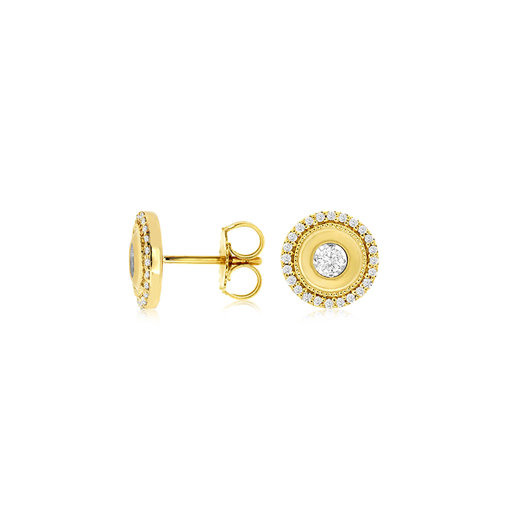 Sabel Collection Yellow Gold Round Diamond Center and Halo Disc Stud Earrings