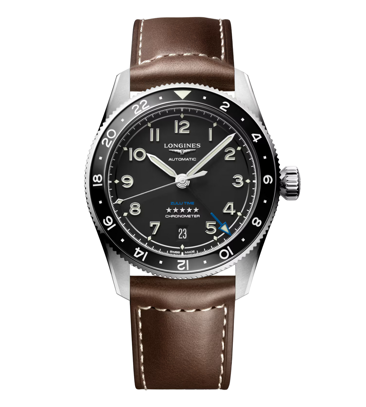 Longines Spirit Zulu Time 39mm Watch with Leather Strap