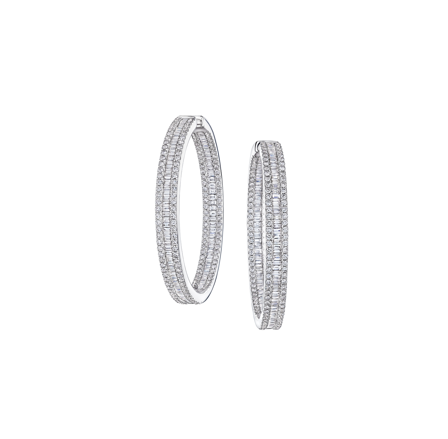 Sabel Collection White Gold Baguette and Round Diamond Hoop Earrings