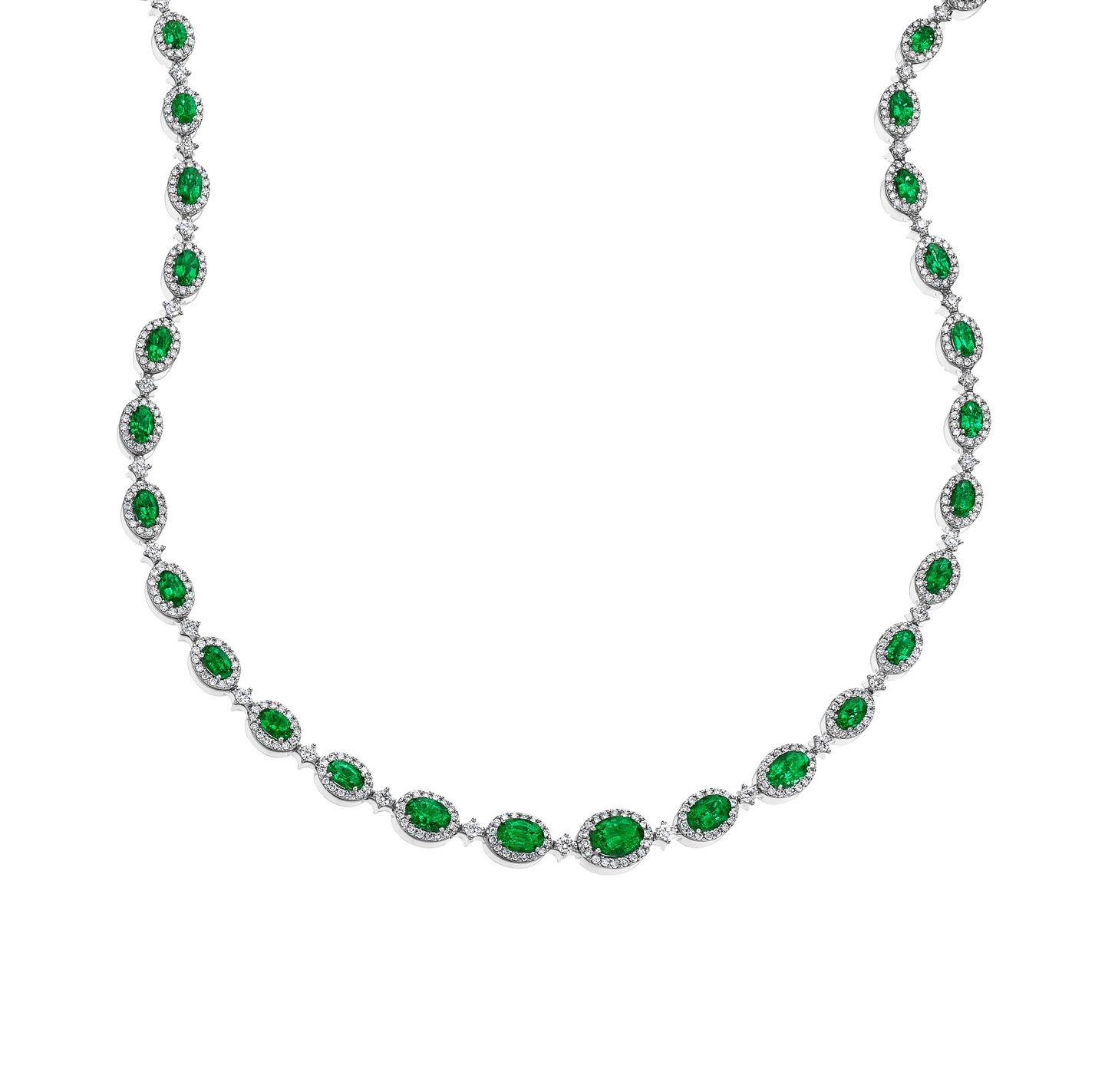 Sabel Collection White Gold Oval Emerald and Diamond Necklace