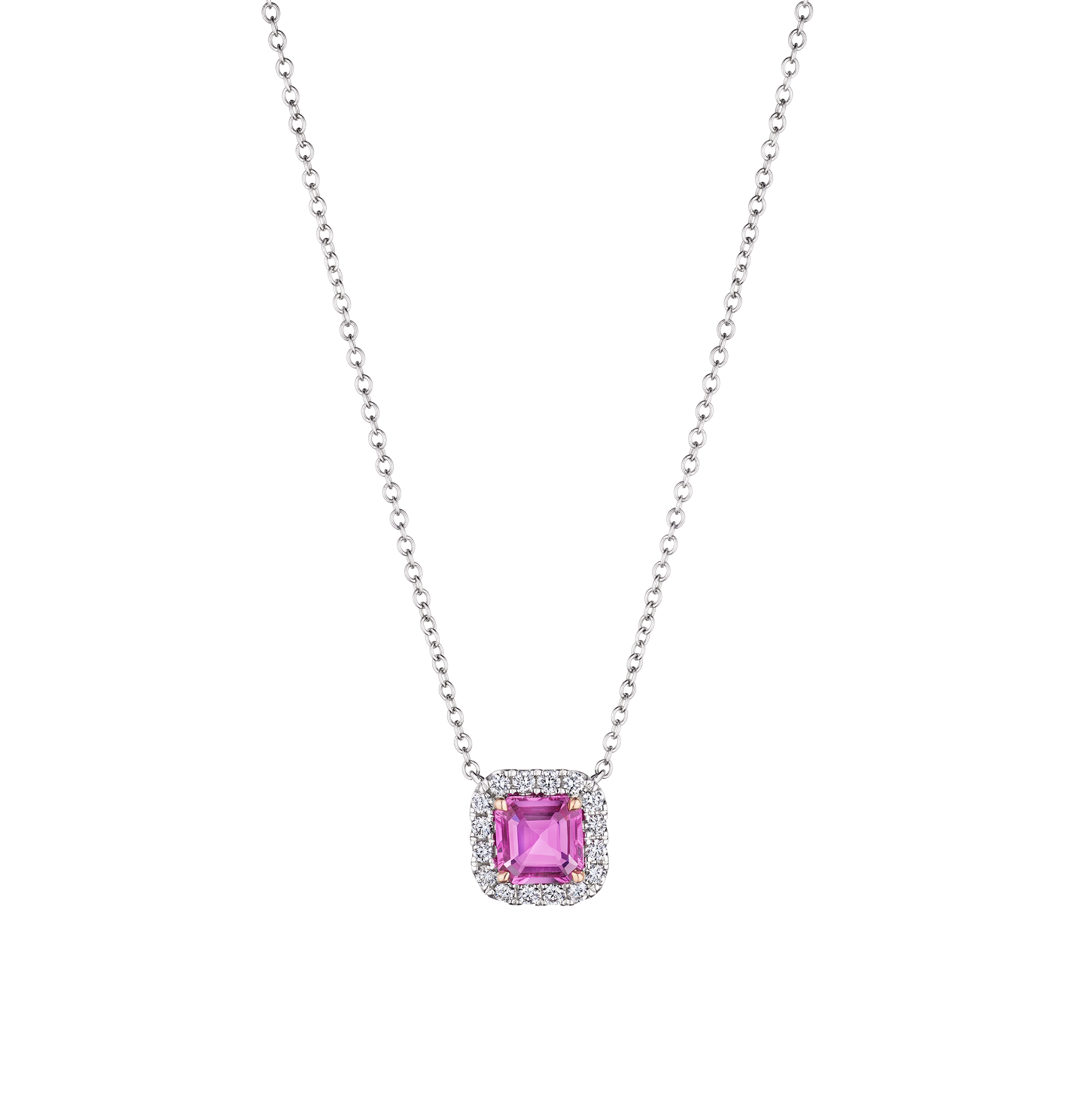 Sabel Collection White Gold Pink Sapphire and Diamond Halo Necklace
