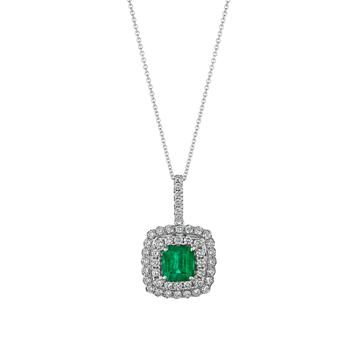 Sabel Collection White Gold Square Emerald and Diamond Double Halo Pendant