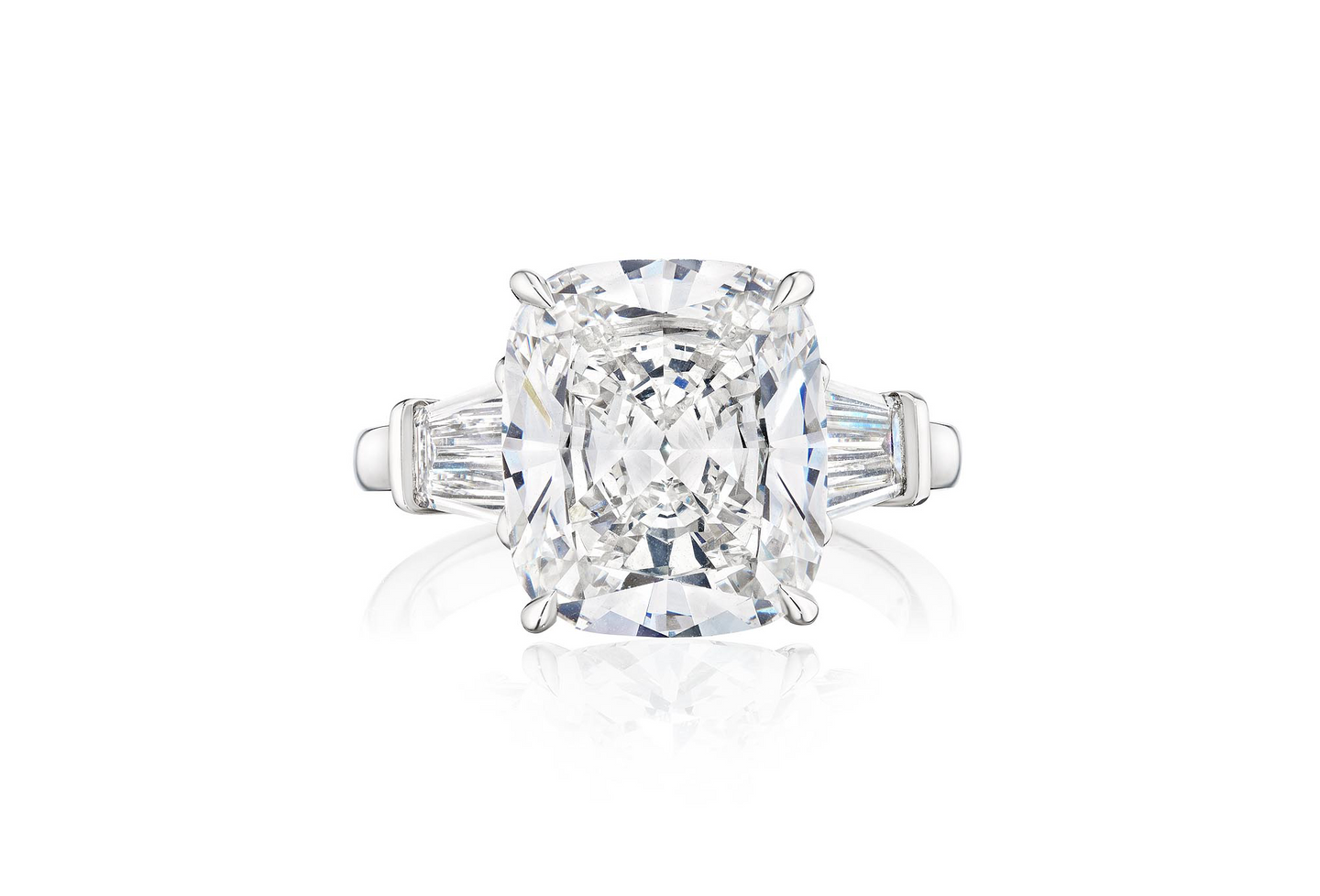 Fink's Exclusive Platinum Cushion Diamond Engagement Ring with Tapered Baguette Side Diamonds
