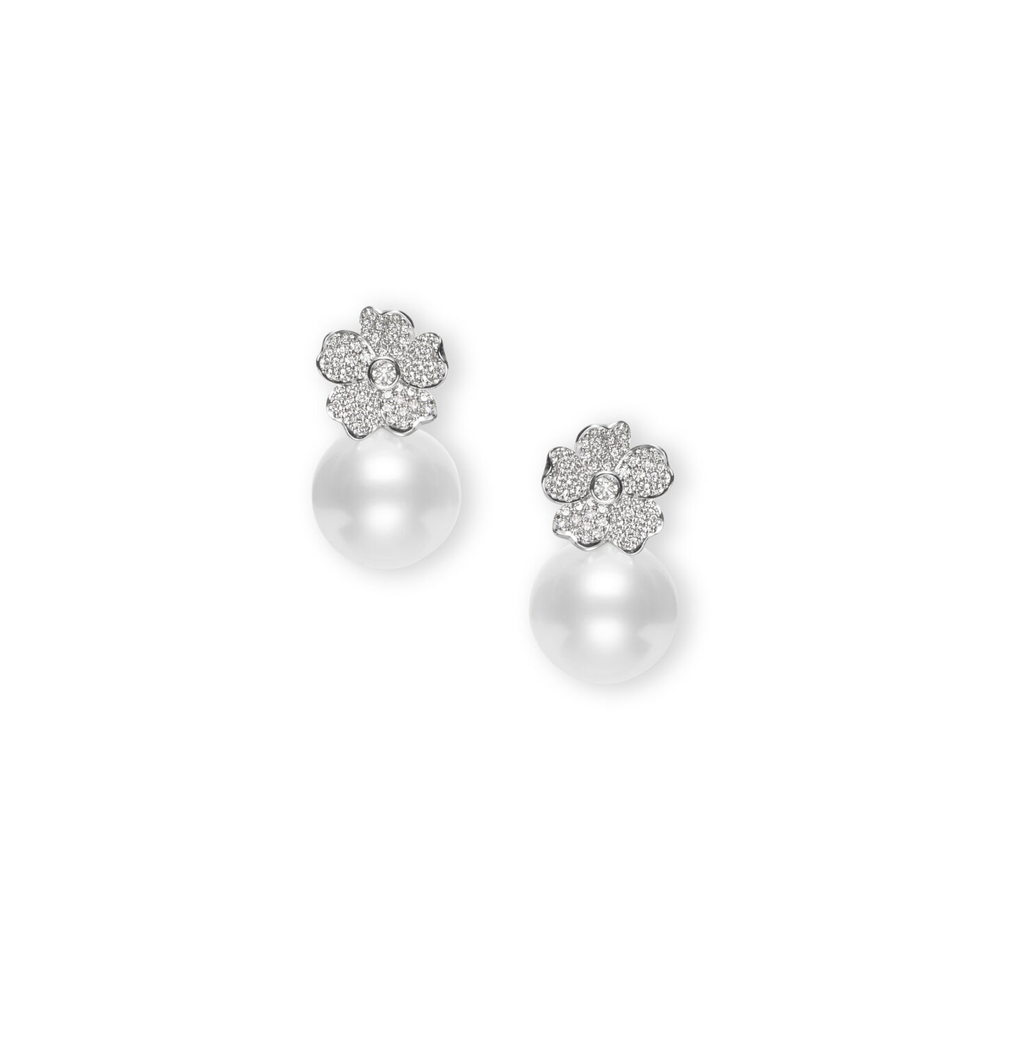 Mikimoto Cherry Blossom White South Sea Pearl and Diamond Earrings