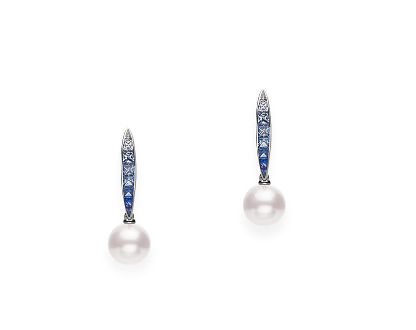 Mikimoto 18K White Gold Akoya Pearl Earrings with Blue Sapphire