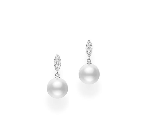 Mikimoto 18K White Gold 9mm White South Sea Pearl Earrings with Diamonds