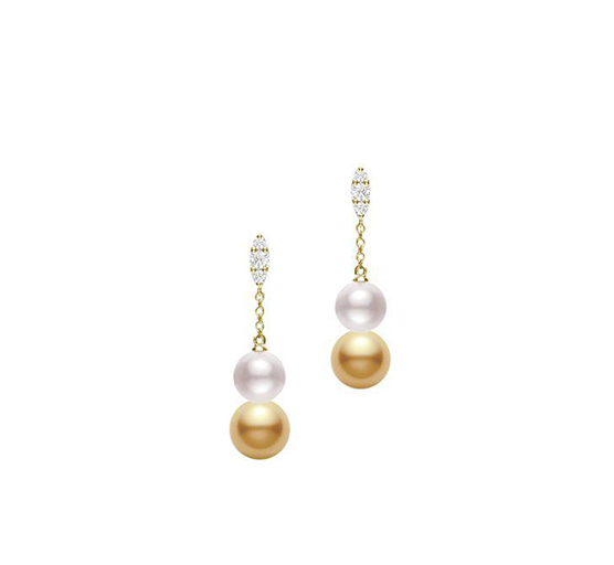 Mikimoto 18K Yellow Gold Pearl Drop Earrings with Diamonds