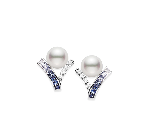Mikimoto Ocean White Gold Akoya Pearl and Blue Sapphire Earrings