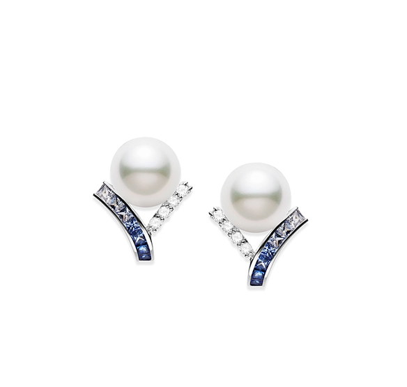 Mikimoto Ocean White South Sea Pearl Earrings with Blue Sapphire and Diamonds