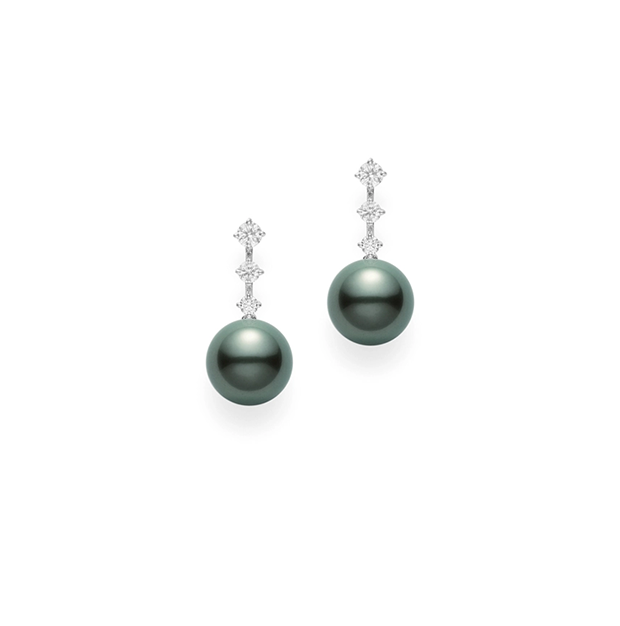 Mikimoto Classic Diamond and Black Pearl Earrings