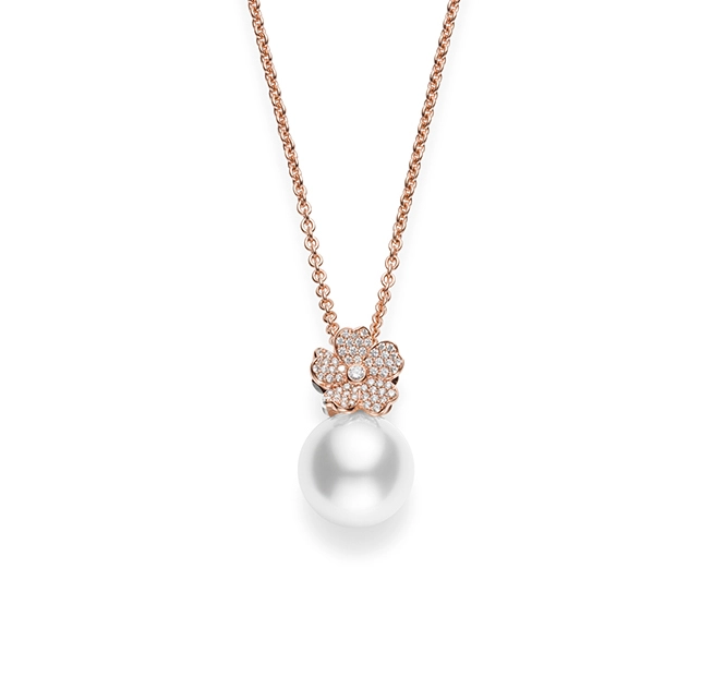 Mikimoto Cherry Blossom Rose Gold White South Sea Pearl and Diamond Necklace