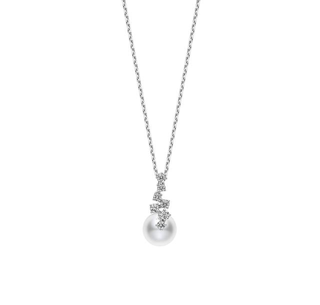 Mikimoto Classic White Gold Akoya Pearl and Diamond Zig-Zag Pendant