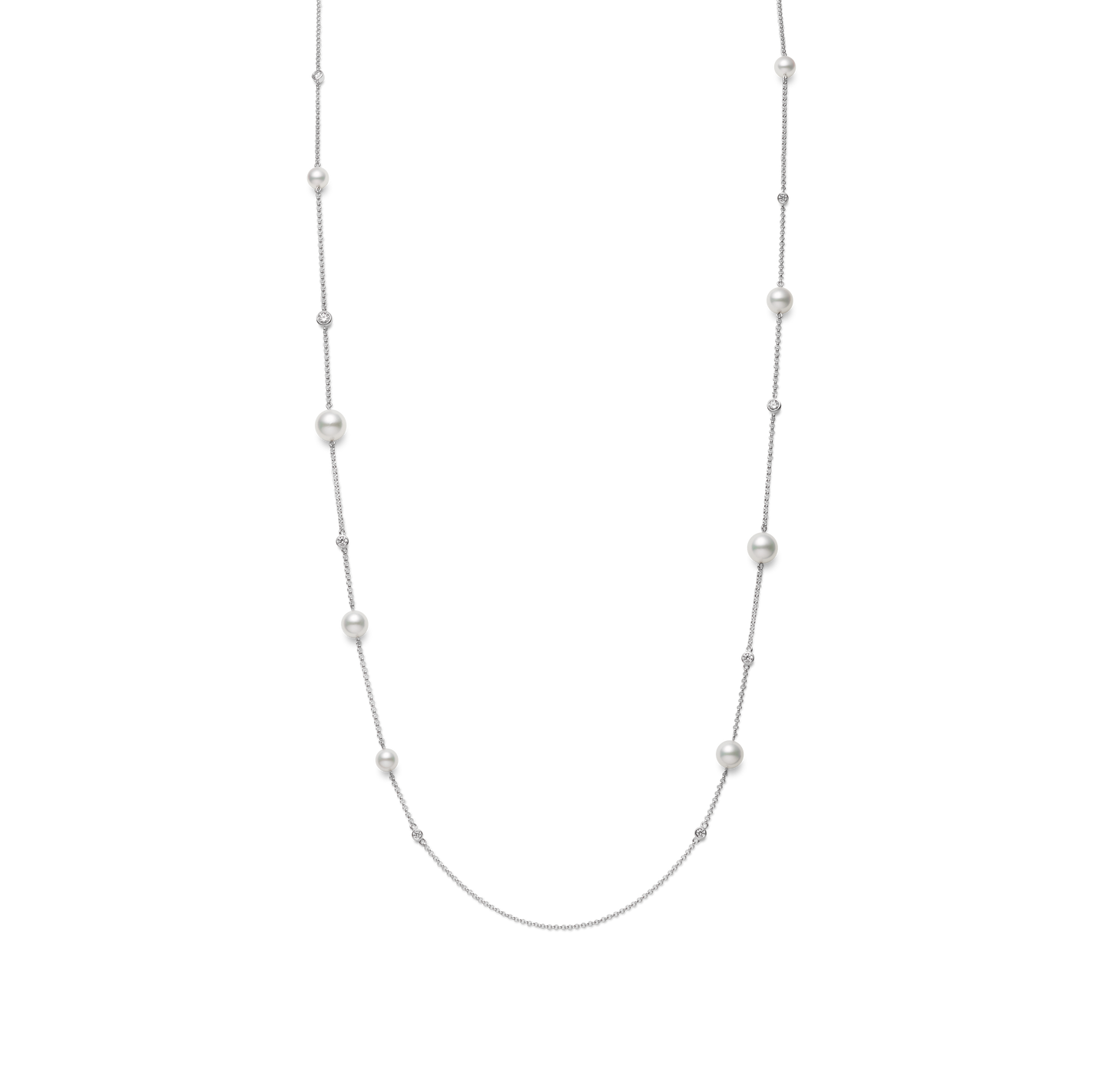Mikimoto White Gold Akoya A+ Pearl and Diamond Station Necklace