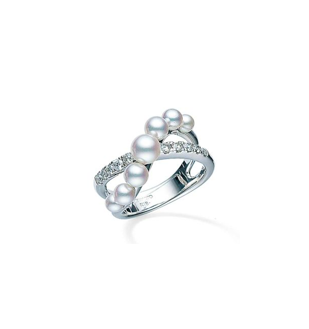 Mikimoto Cluster White Gold Pearl and Diamond Crossover Ring