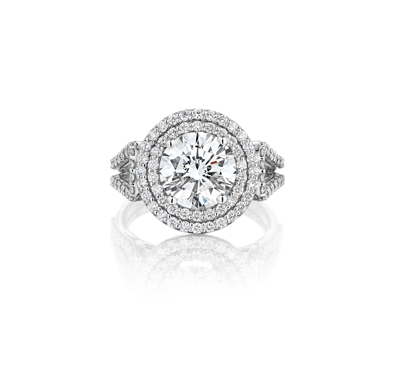 Fink's Exclusive Platinum Round Diamond Double Halo and Split Shank Engagement Ring