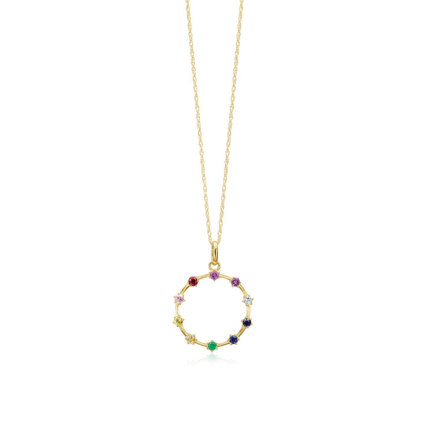 Sabel Collection 14K Yellow Gold Round Rainbow Sapphire, Ruby, and Emerald Circle Necklace