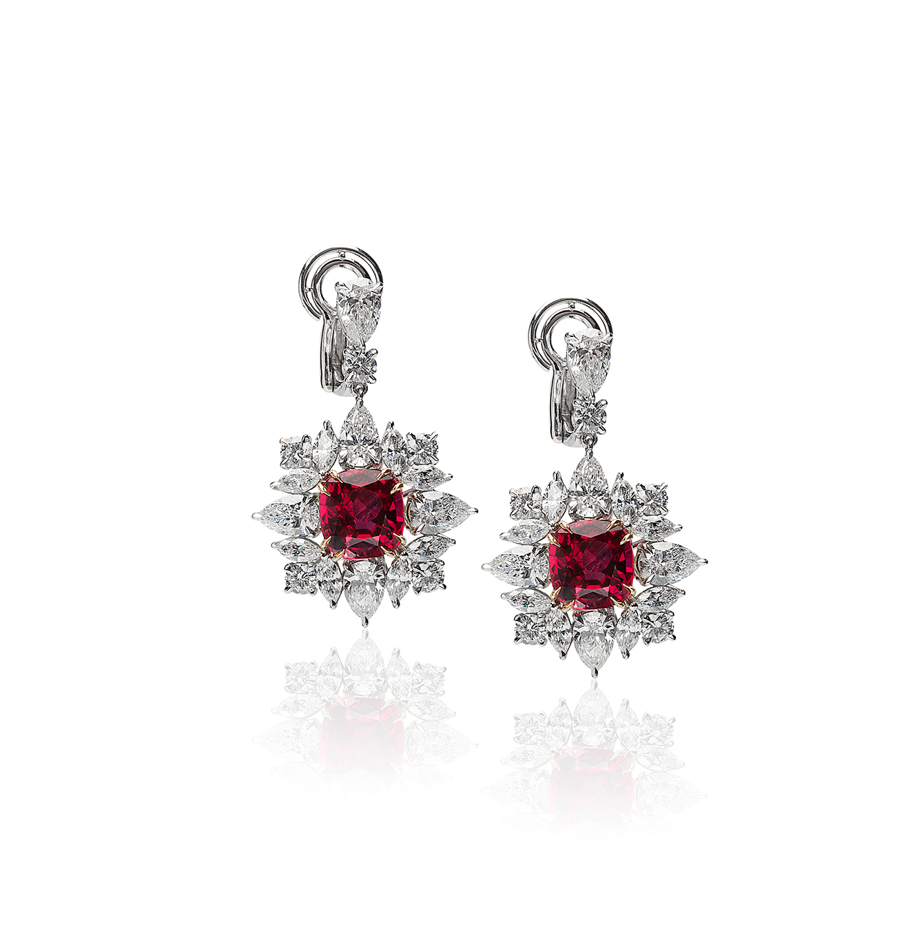 Sabel Collection Platinum Cushion Thai Ruby and Diamond Dangle Earrings