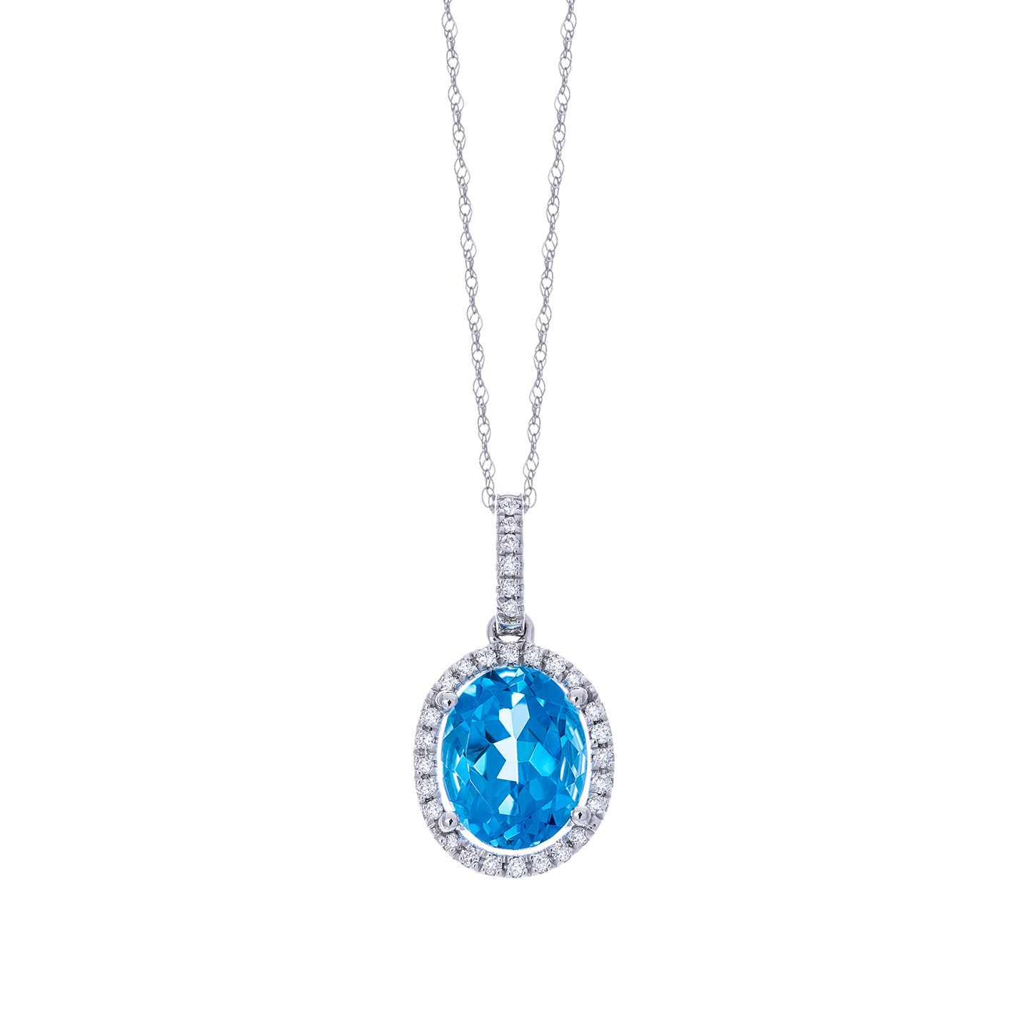 Sabel Collection White Gold Blue Topaz and Diamond Halo Pendant
