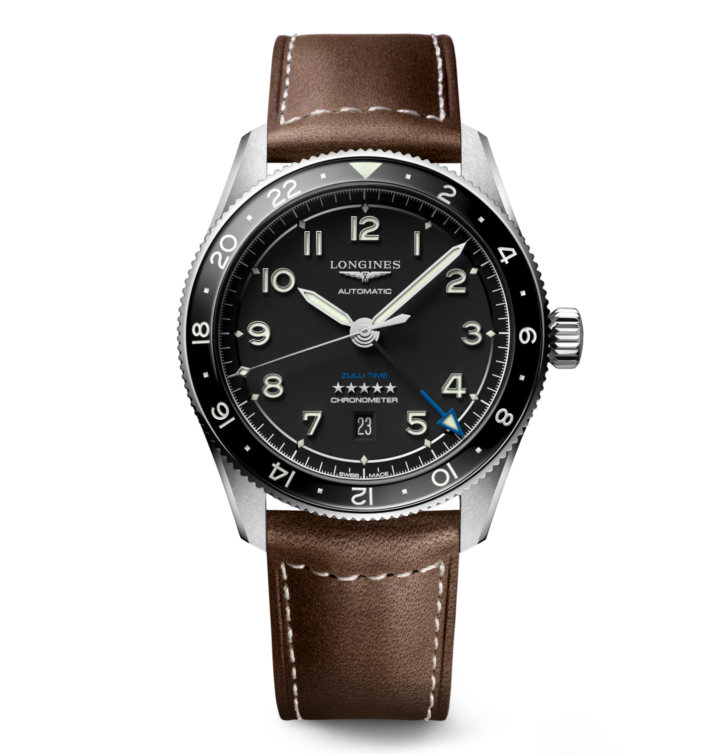 Longines Spirit Zulu Time 42mm Watch with Brown Leather Strap