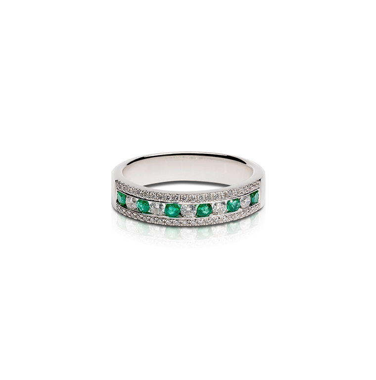 Sabel Collection White Gold Alternating Emerald and Diamond Ring