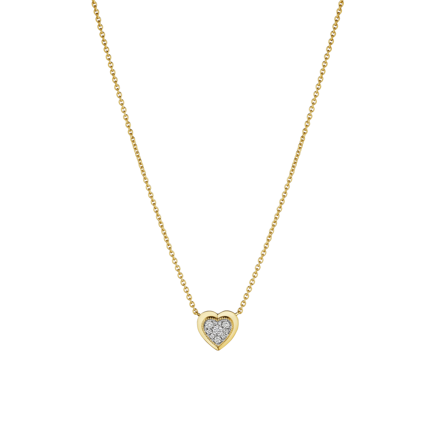 Yellow Gold Diamond Pave Heart Milgrain Necklace