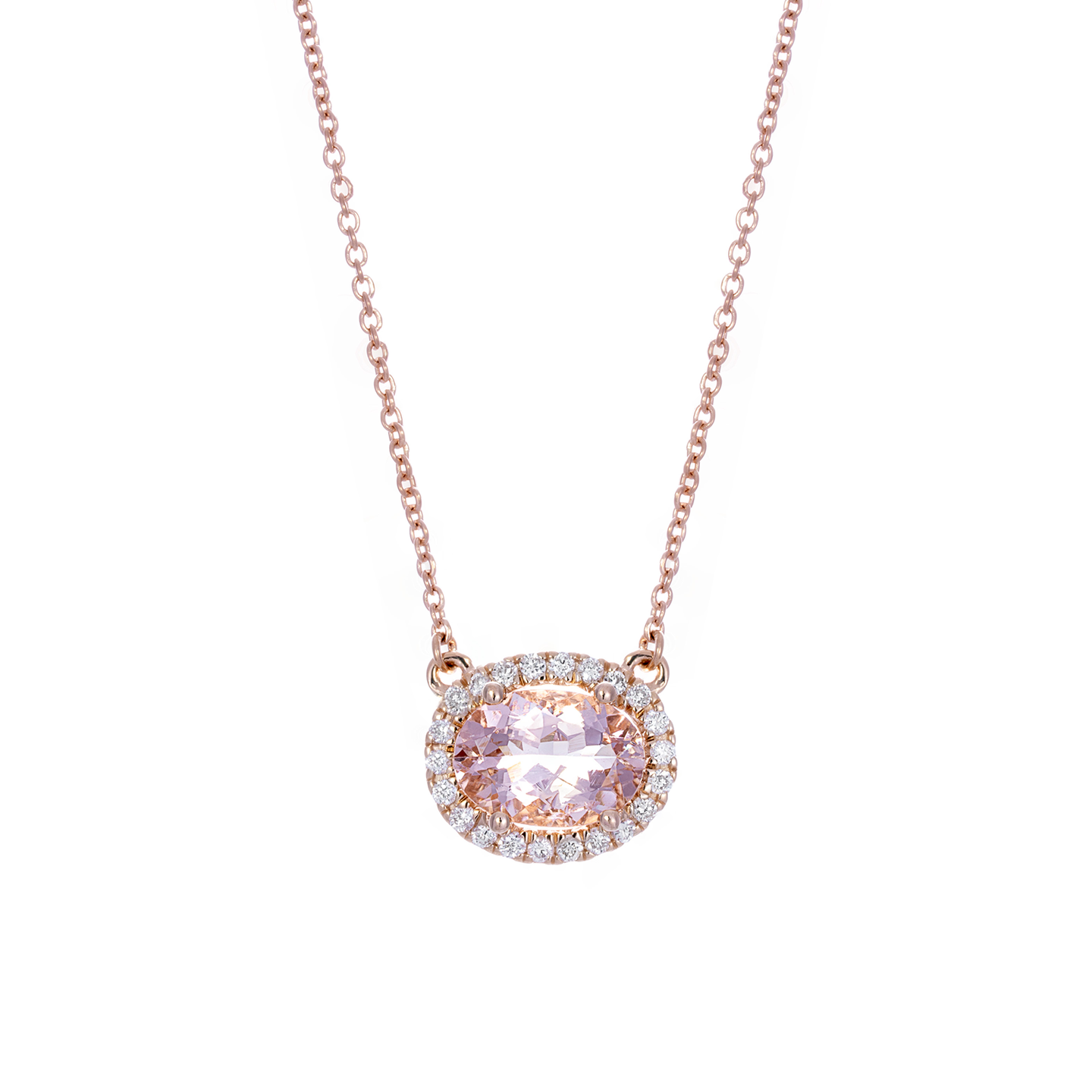 Rose Gold Morganite and Diamond Halo Necklace