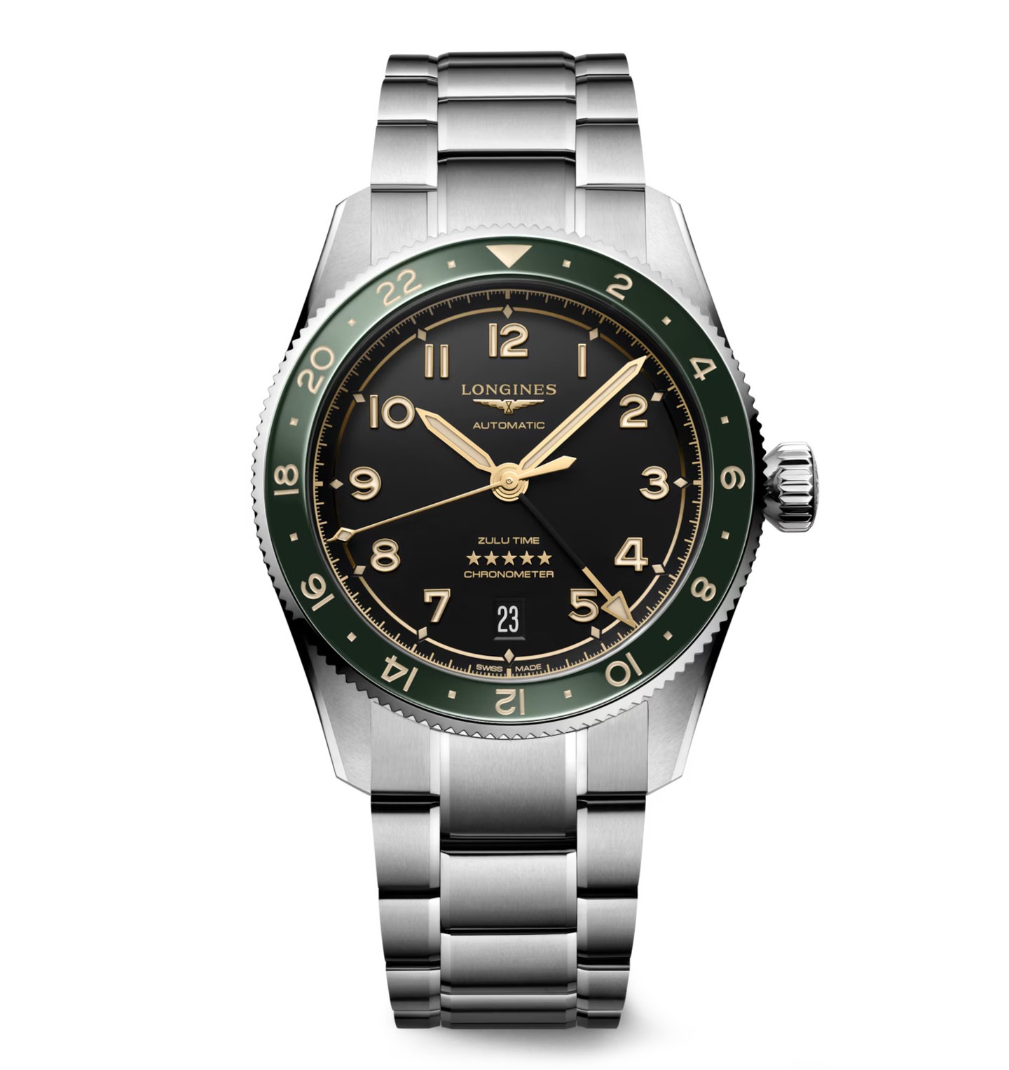 Longines Spirit Zulu Time 39mm Watch with Green Bezel