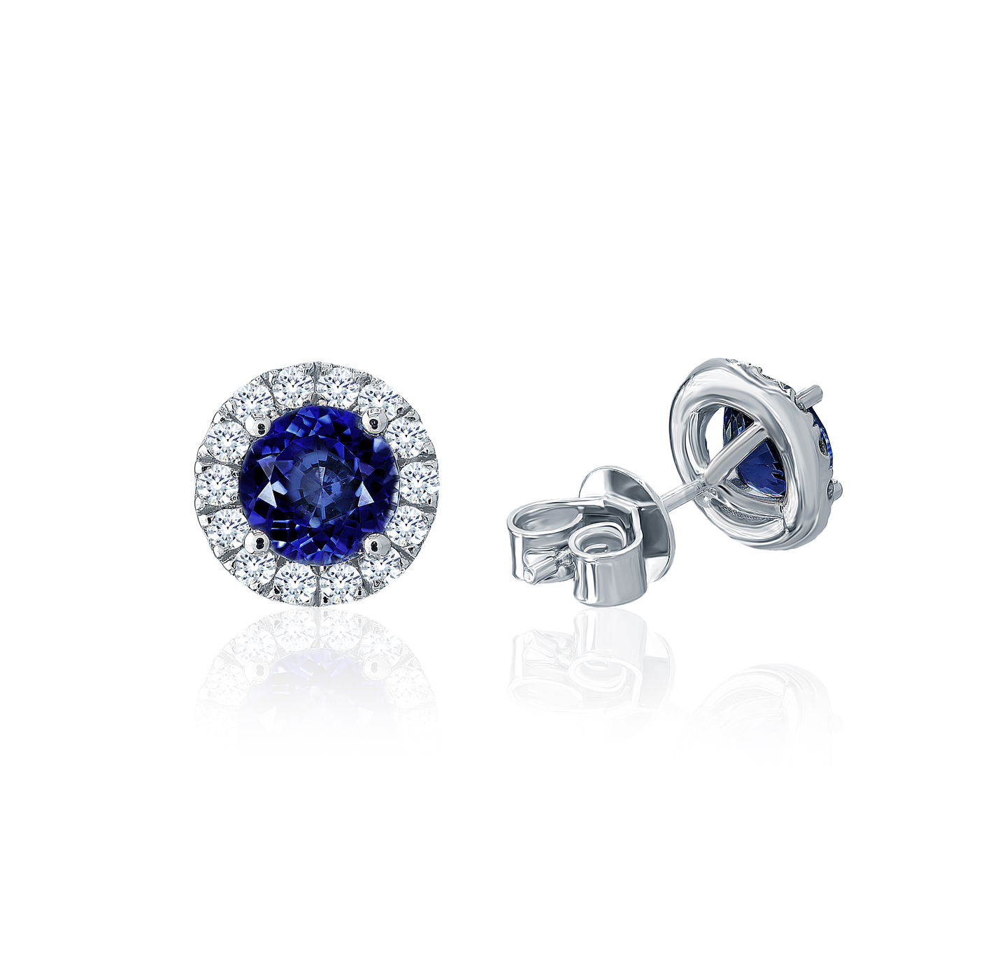 Sabel Collection White Gold Blue Sapphire and Diamond Halo Stud Earrings
