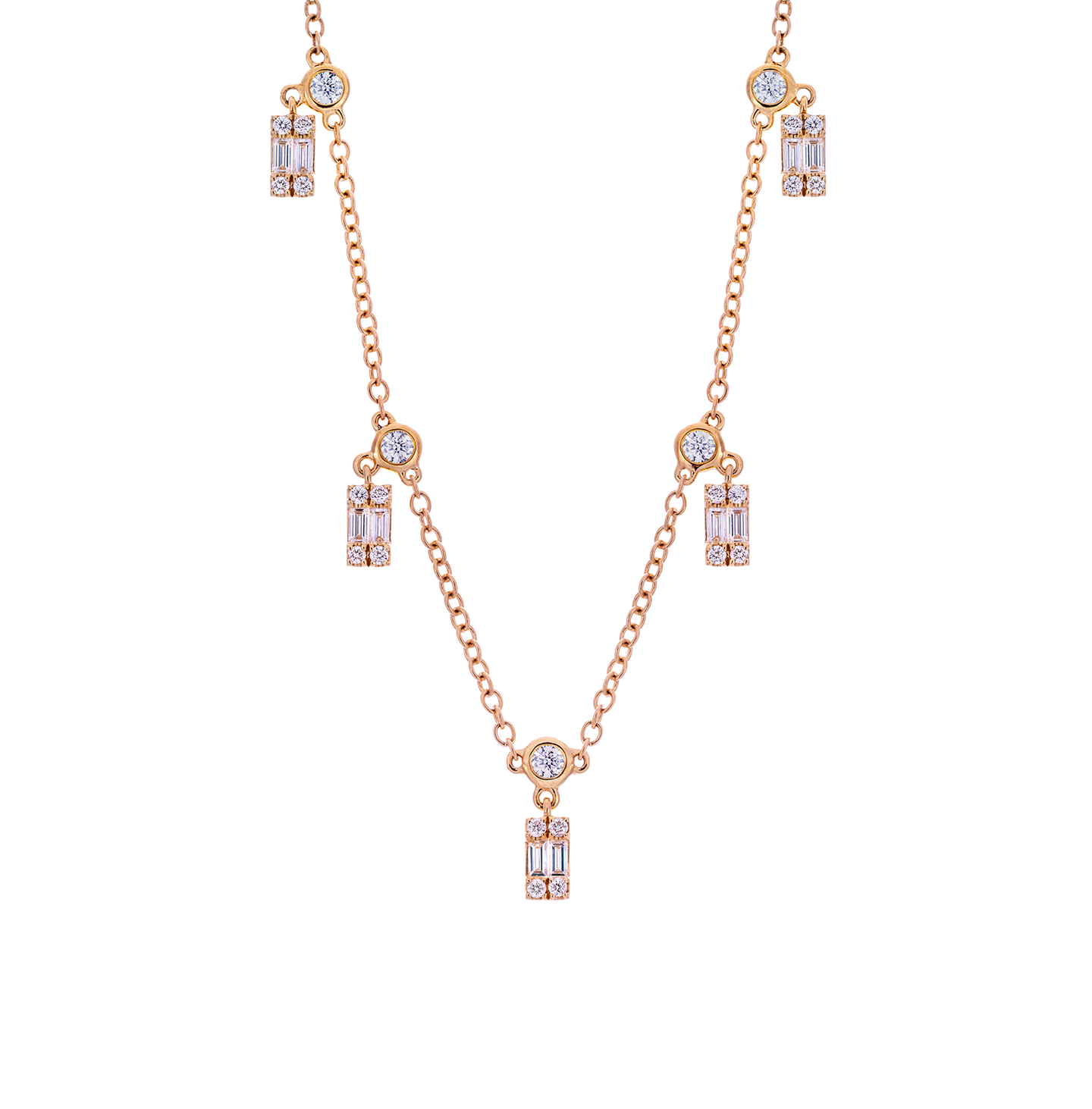 Sabel Collection Yellow Gold Baguette and Round Diamond Station Necklace
