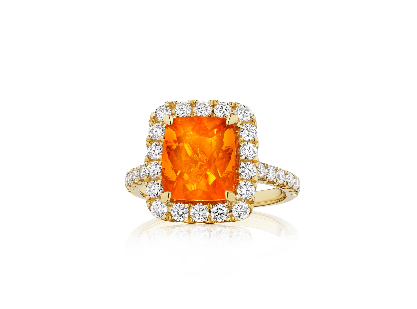 Sabel Collection Yellow Gold Cushion Fire Opal and Diamond Halo Ring