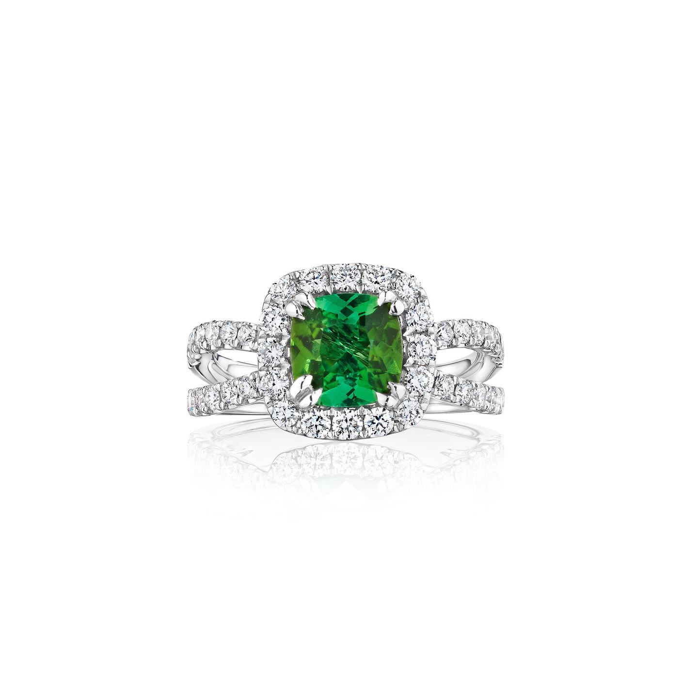 Sabel Collection White Gold Cushion Green Tourmaline and Diamond Halo Ring