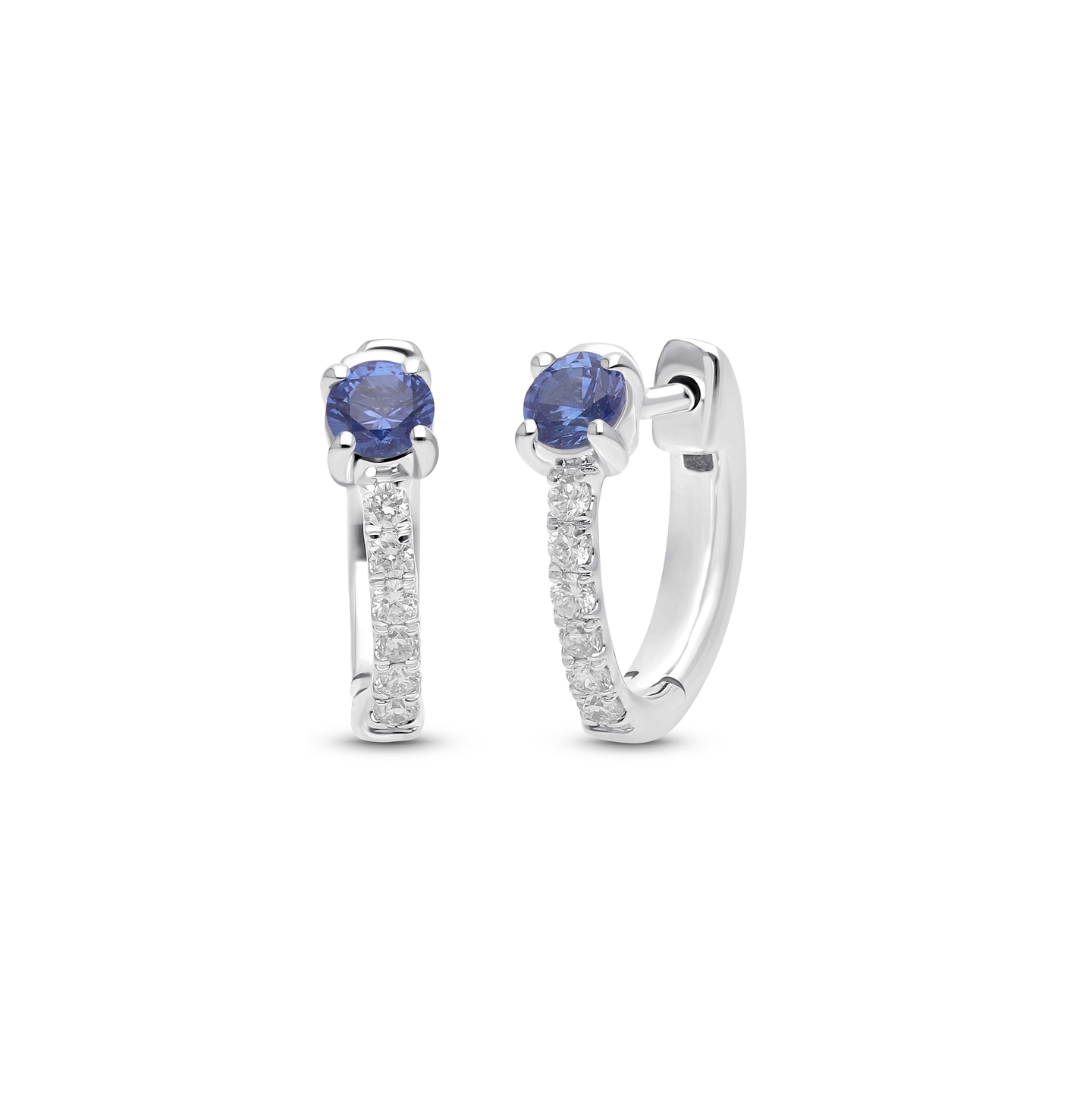 14K White Gold Diamond Huggie Hoop Sapphire Earrings