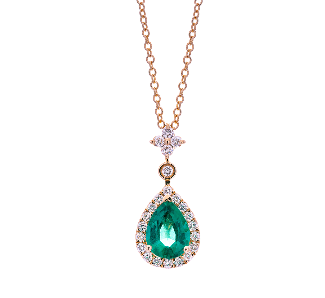 Sabel Collection Yellow Gold Emerald and Flower Diamond Necklace