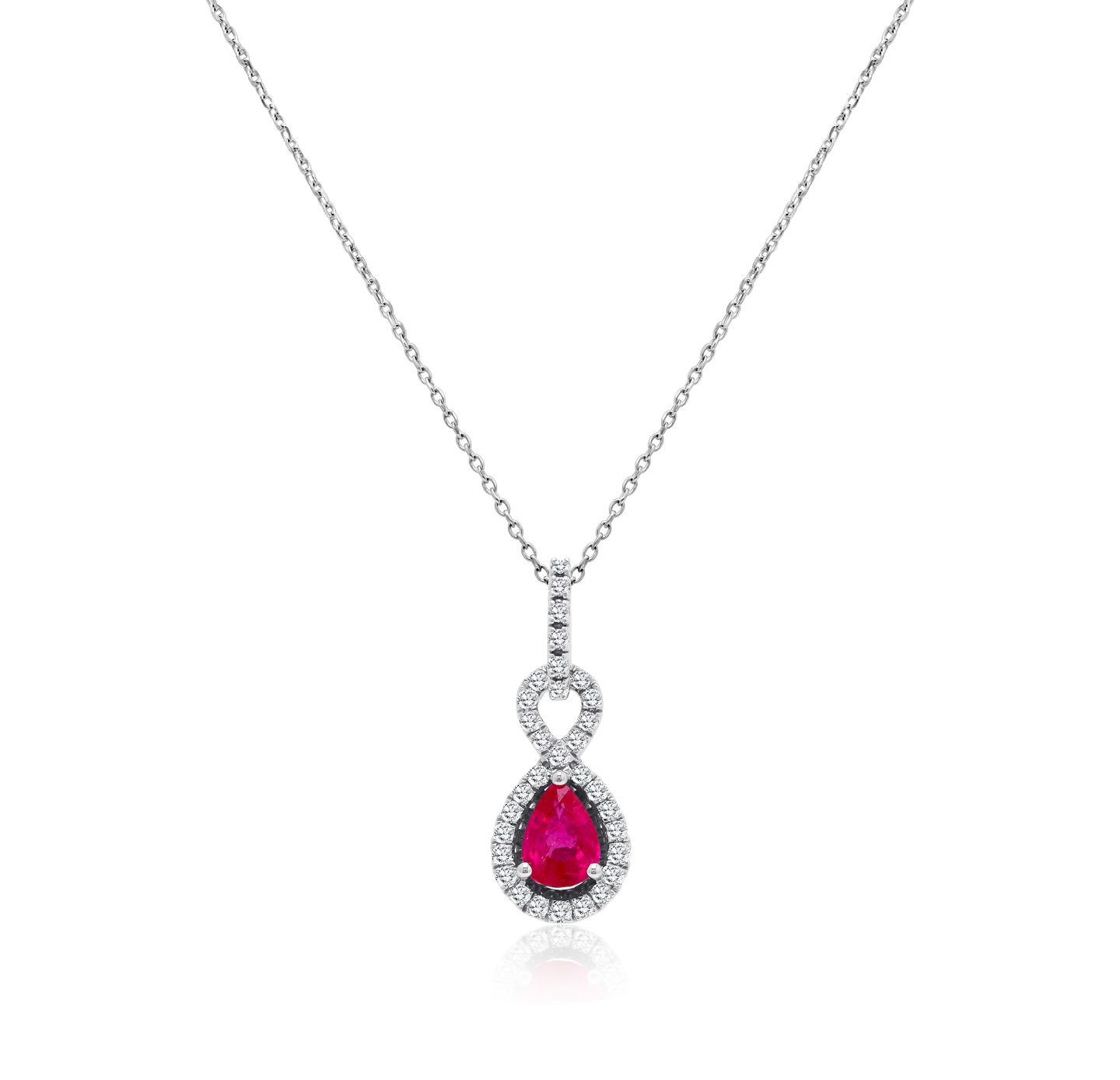 14K White Gold Pear Shaped Ruby Drop Pendant with Diamond Halo