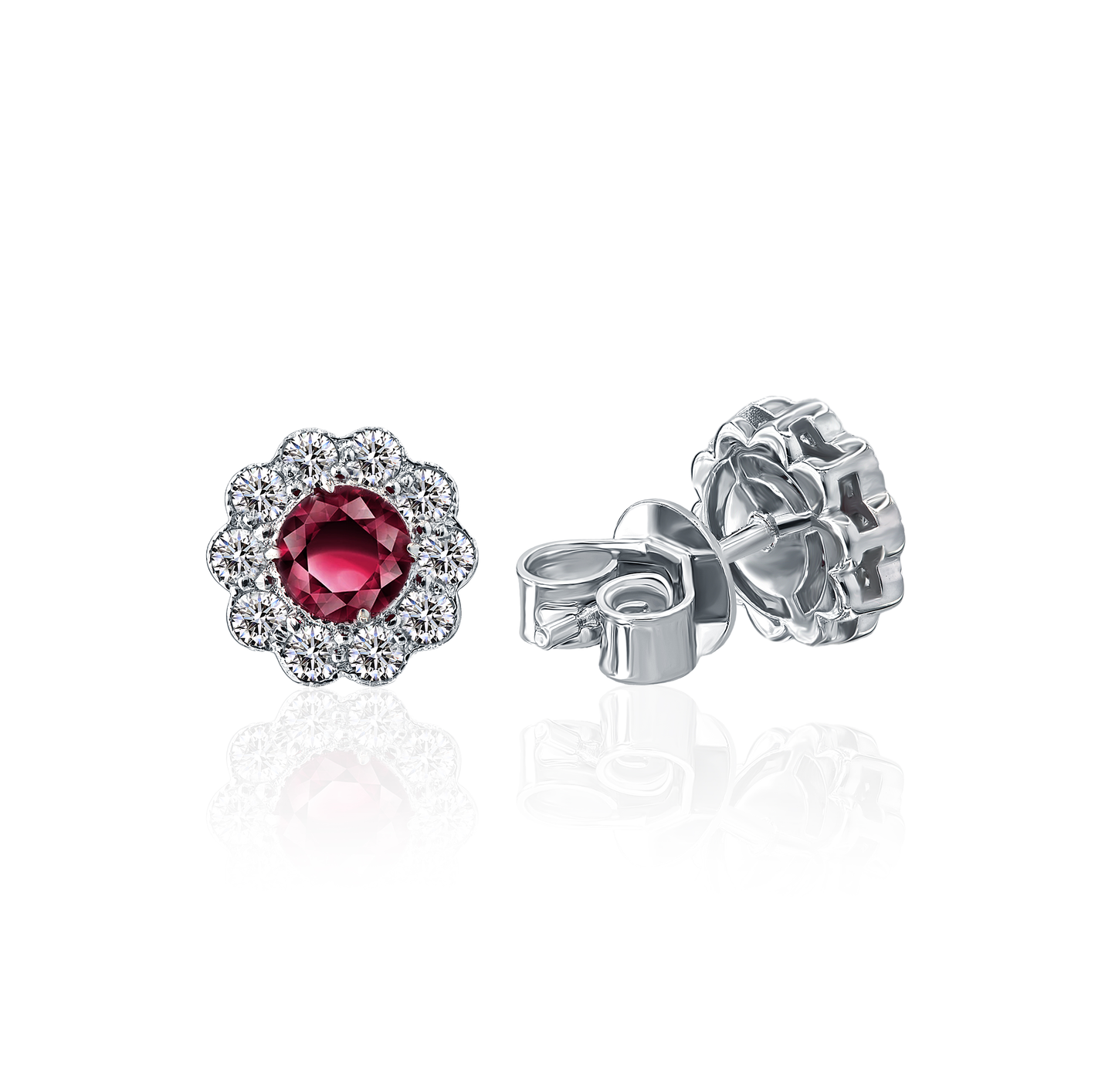 14K White Gold Ruby and Diamond Flower Milgrain Earrings