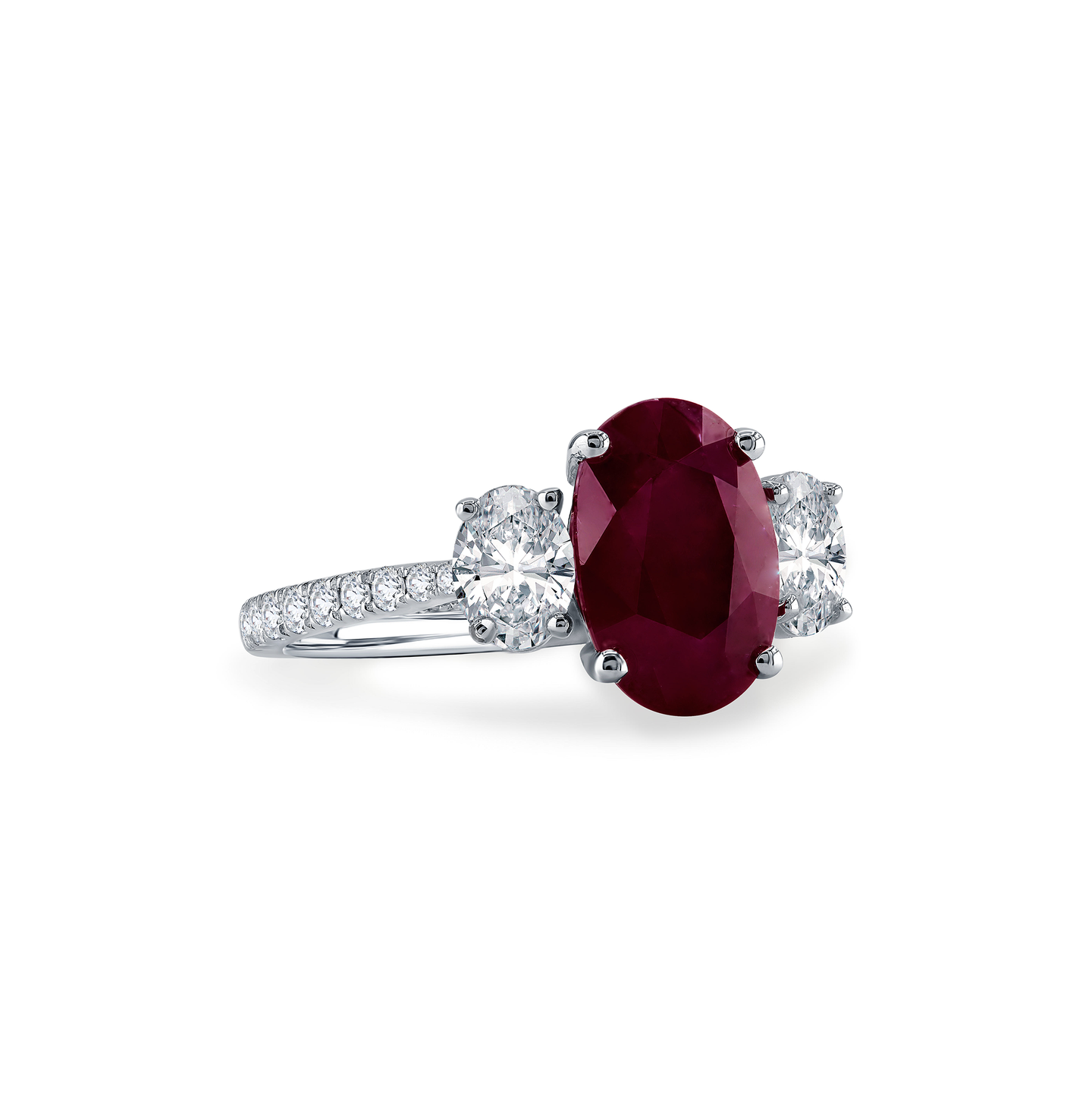 14K White Gold Ruby Engagement Ring with Pavé Diamond Band