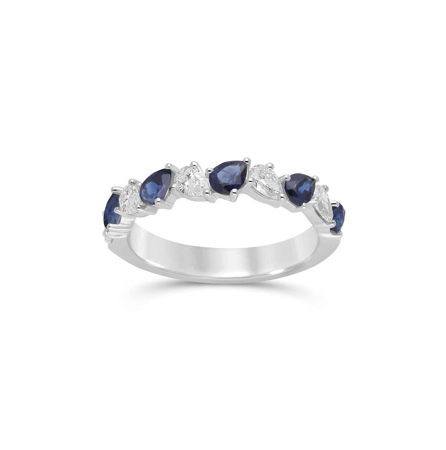 14K White Gold Alternating Pear Shape Blue Sapphire and Diamond Ring