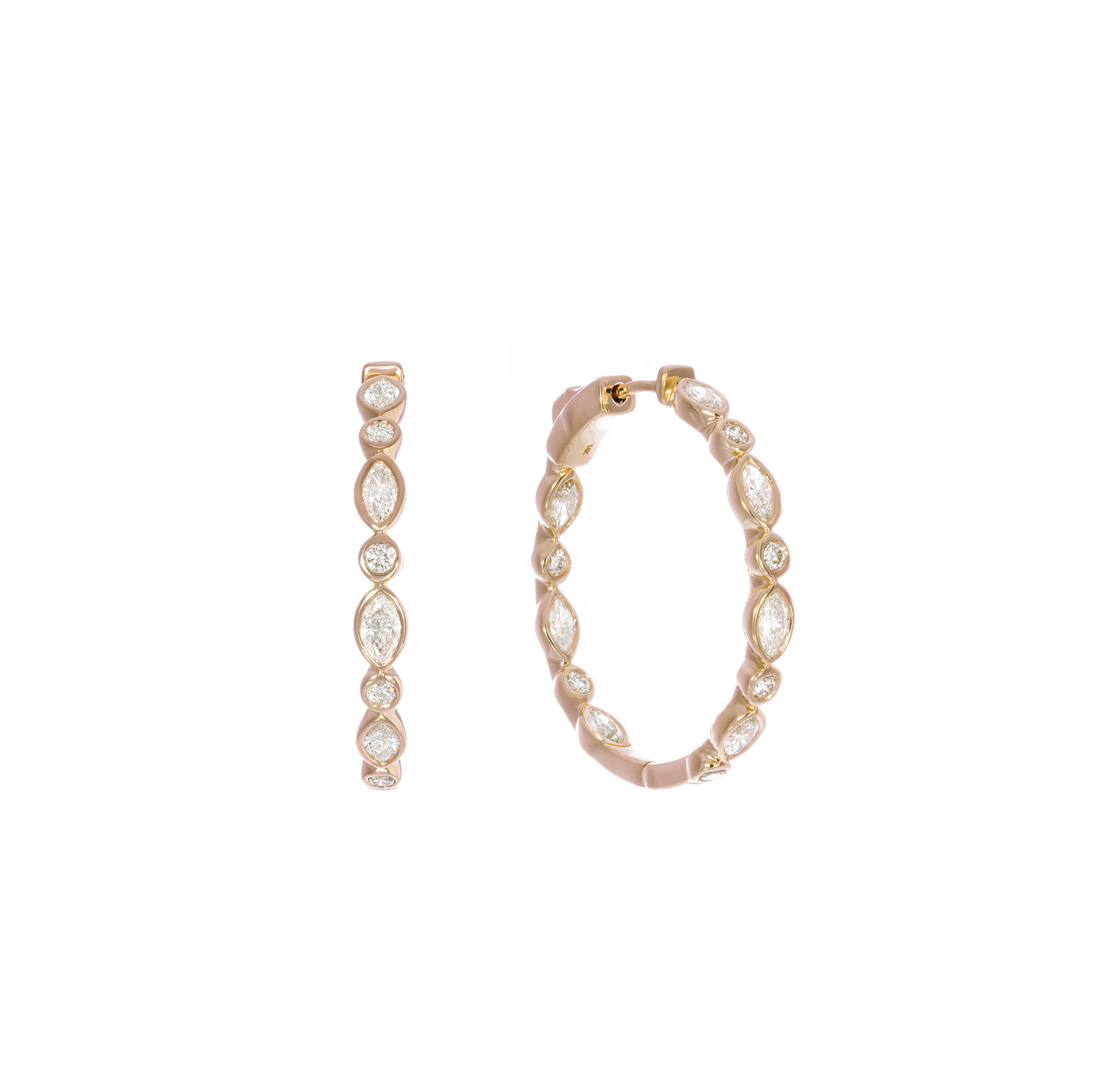 14K Yellow Gold Round and Marquise Diamond Hoop Earrings