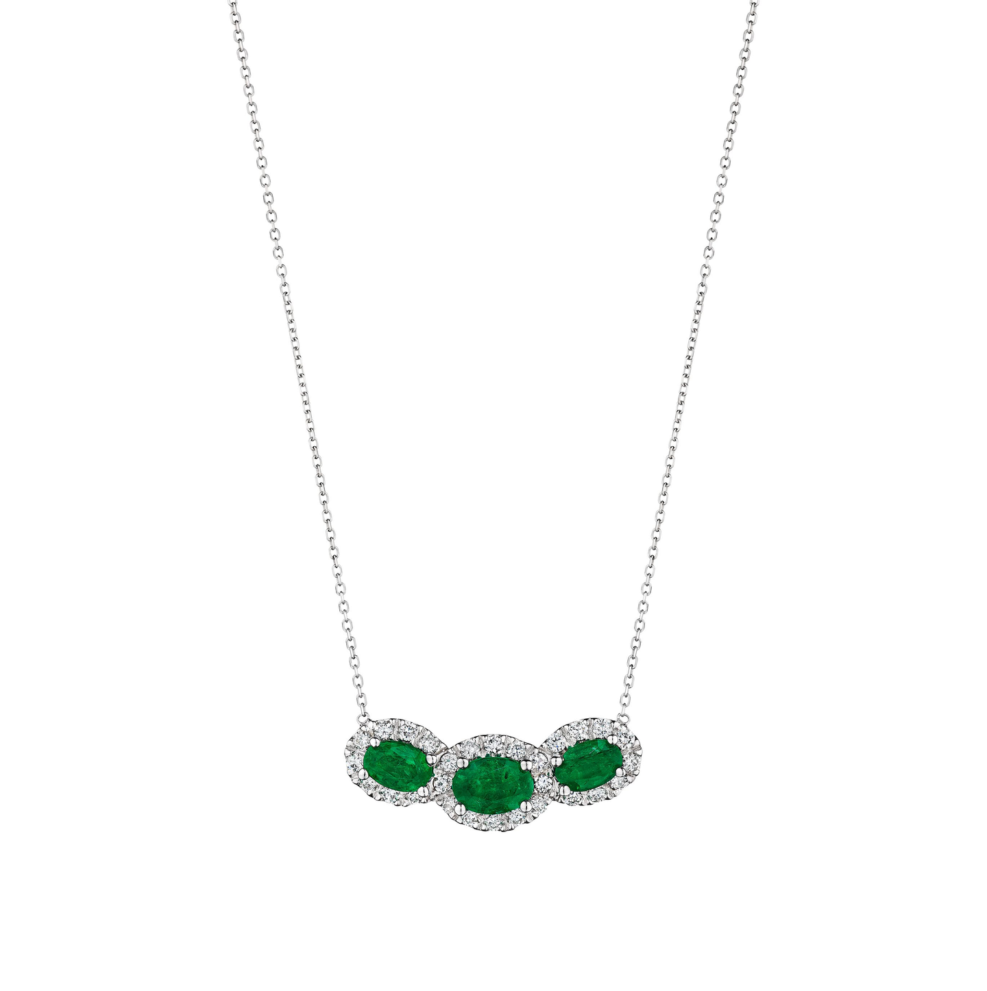 Sabel Collection White Gold Three Emerald Pendant with Diamond Halo