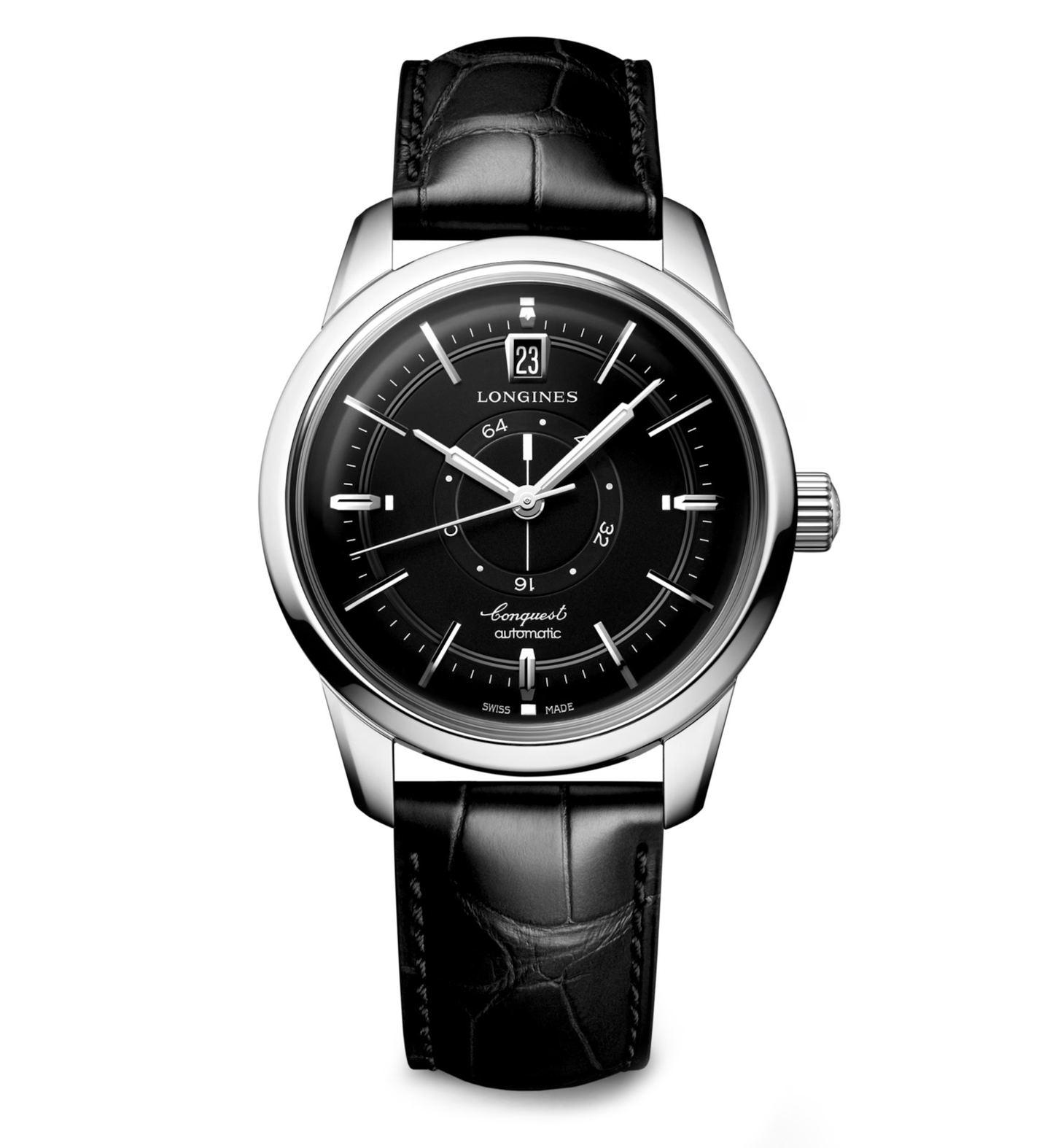 Longines Conquest Heritage Central Power Reserve 38mm Watch with Black Dial and Leather Strap