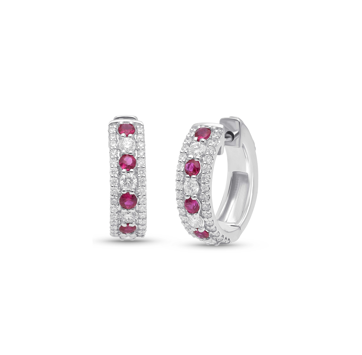 14K White Gold Ruby and Diamond Huggie Hoop Earrings
