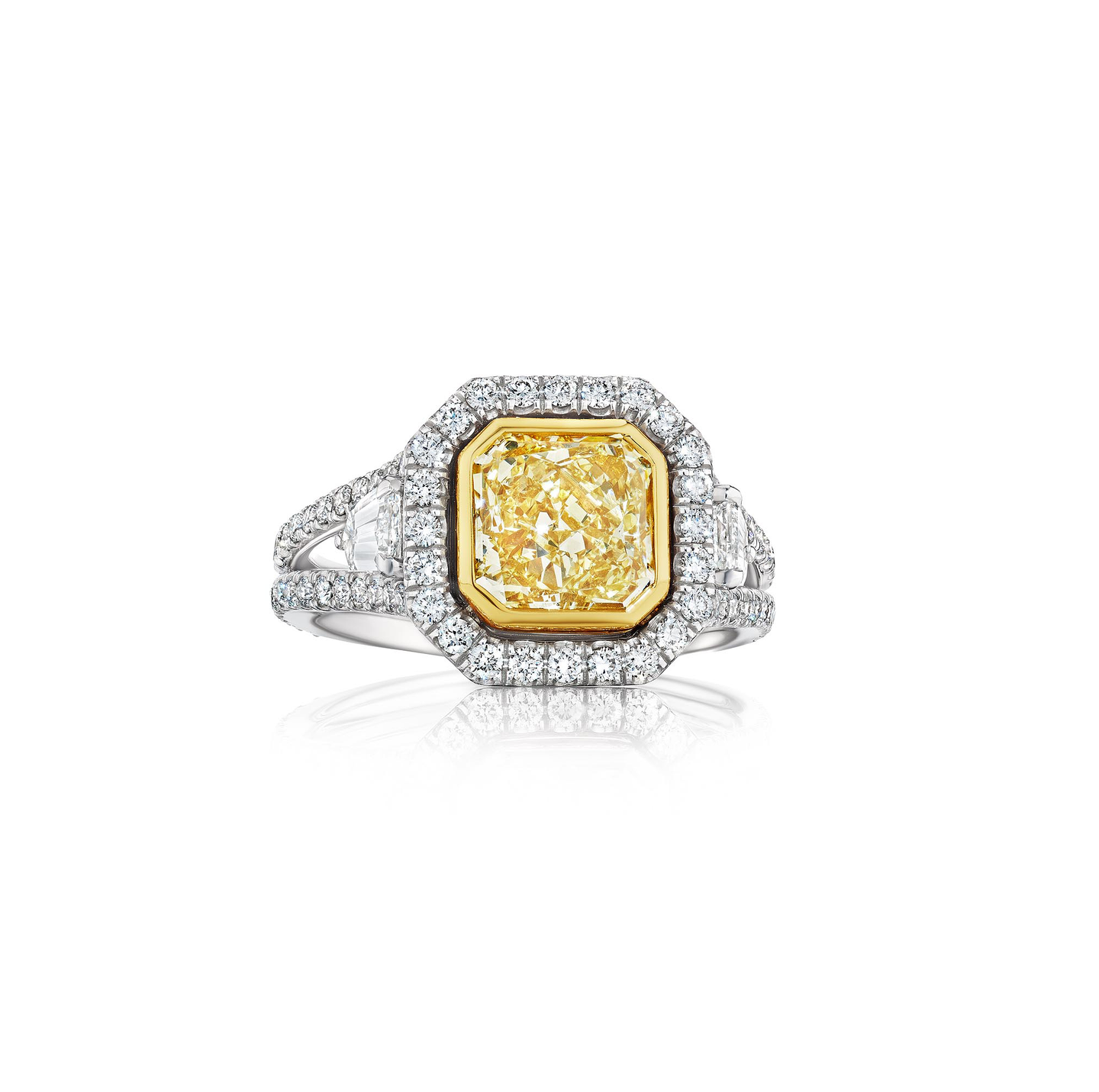 Fancy Light Yellow Radiant Cut Diamond Engagement Ring with White Diamond Halo